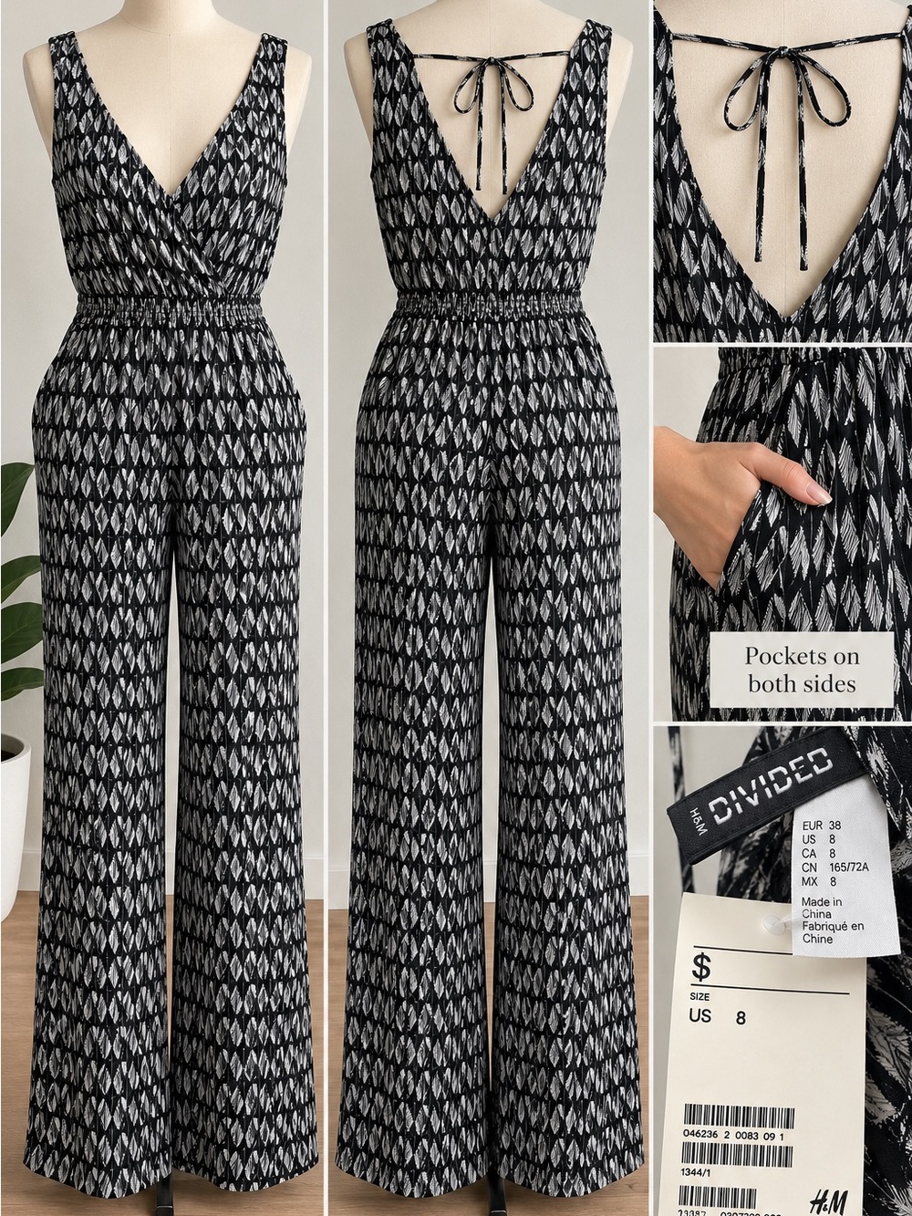 H&M Black & White Patterned Wide-Leg Jumpsuit